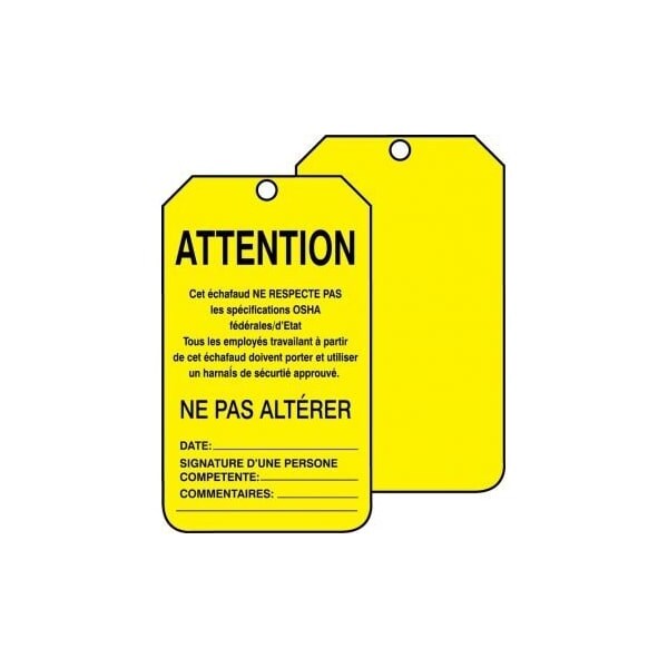 Accuform French Safety Tags, CAUTION THIS SCAFFOLD DOES NOT MEET FED, 5.75in x 3.25in, RP-Plastic, 5PK - FRTSS102PTM