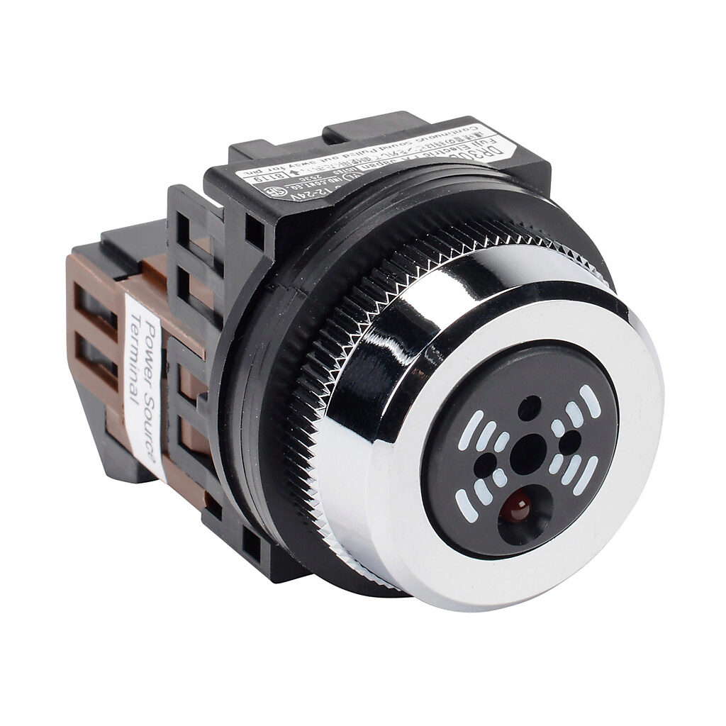 Alarma audible de zumbador, 90 dB a 0.1m, 70 dB a 1m, frecuencia de tono de 2.4 kHz a 3.3 kHz, tono(s) continuo/intermitente, 12-24 VAC/VDC, indicador(es) LED permanente(s), rojo, 30mm, montaje en panel, carcasa de plástico, plateado, IP00.