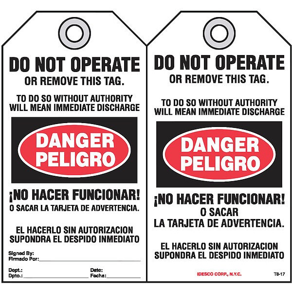 Idesco Safety No Hacer Funcionar Safety Tag, PK10 - KAT817AC