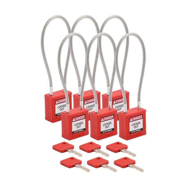 Brady Velocity 8in Compact Cable Lockout Padlocks Nylon 4in Shackle Clearance KA Red 6PK - CPPL-RED-200CB-KA6