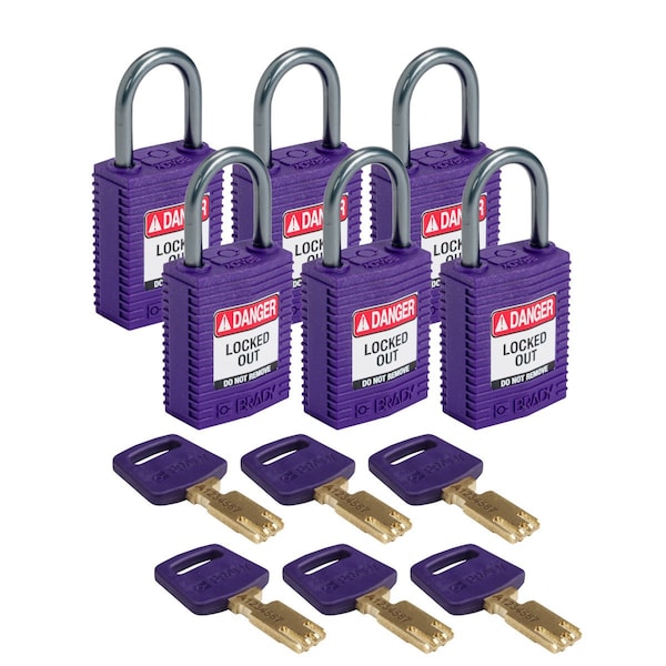 Brady Compact SafeKey Key Retaining Nylon Padlock 1 in Aluminum Shackle KD Purple 6PK - CPT-PRP-25AL-KD6PK
