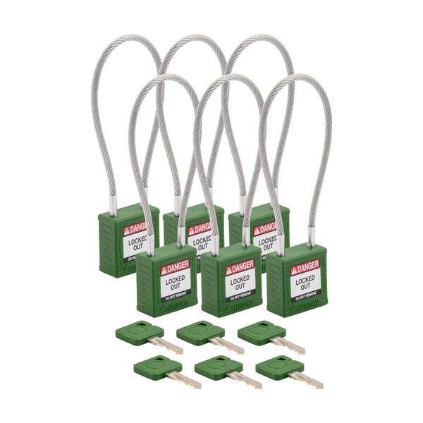 Brady Velocity 8in Compact Cable Lockout Padlocks Nylon 4in Shackle Clearance KA GN 6PK - CPPL-GRN-200CB-KA6