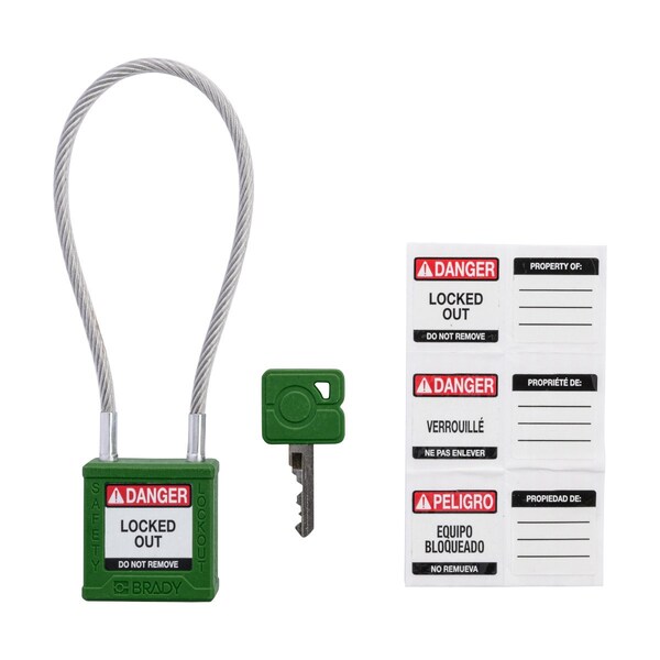 Brady Velocity 8in Compact Cable Lockout Padlocks Nylon 4in Shackle Clearance KA GN 6PK - CPPL-GRN-200CB-KA6