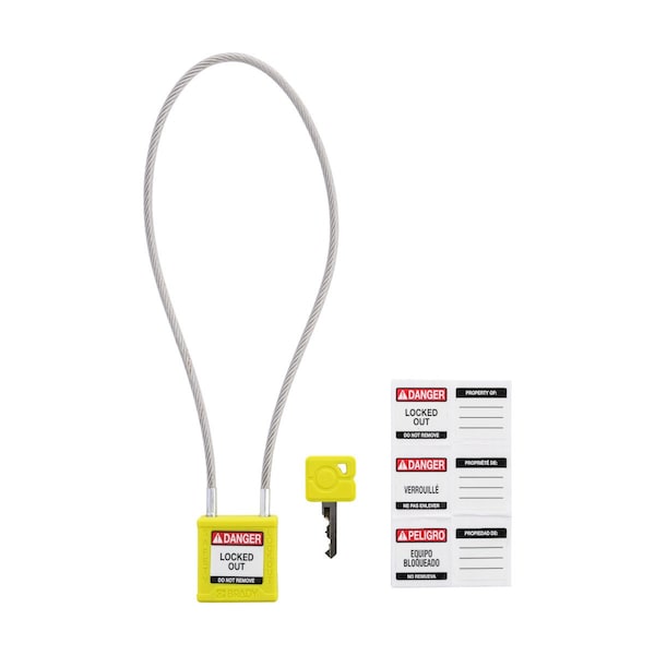 Brady Velocity 16in Compact Cable Lockout Padlocks Nylon 8in Shackle Clearance KD Yellow - CPPL-YLW-400CB-KD