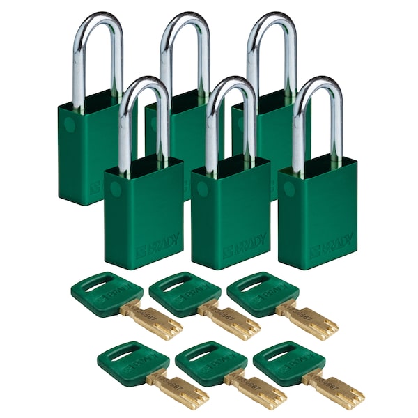 Brady Safekey Lockout Padlock Aluminum Green 1.5" - ALU-GRN-38ST-KA6PK