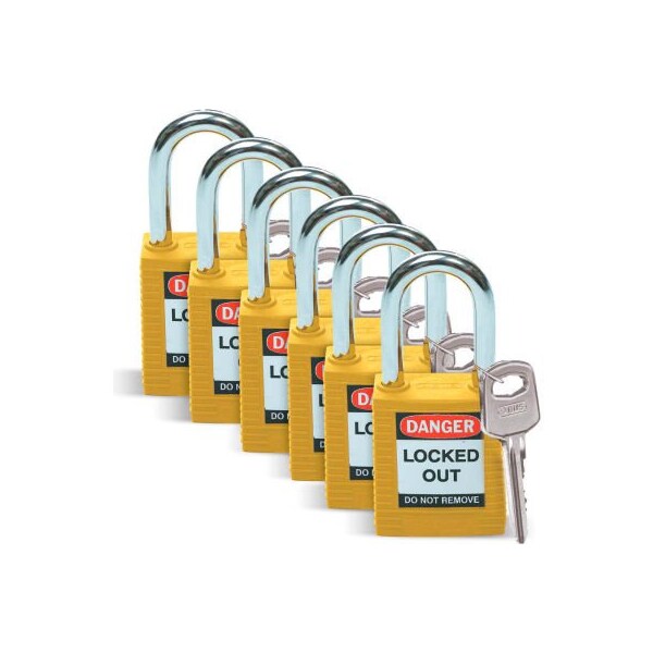 Brady Brady Lockout Padlock, Keyed Alike, 1-1/2, Plastic Covered Steel, Yellow, 6/Pack - 105892