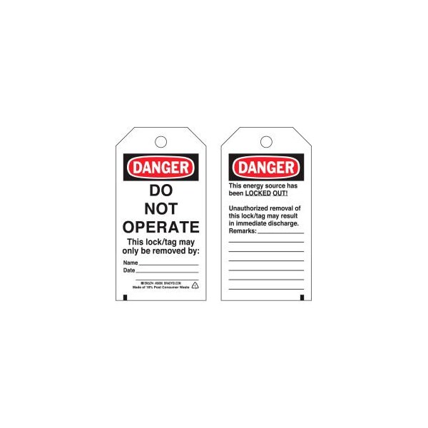 Brady Brady Lockout Tag- Danger Do Not Operate, 2 Sided, Cardstock, 25/Pack - 65407