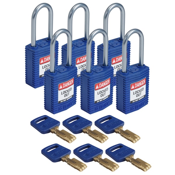 Brady Compact SafeKey Key Retaining Nylon Padlock 1.5 in Aluminum Shackle KD Blue 6PK - CPT-BLU-38AL-KD6PK