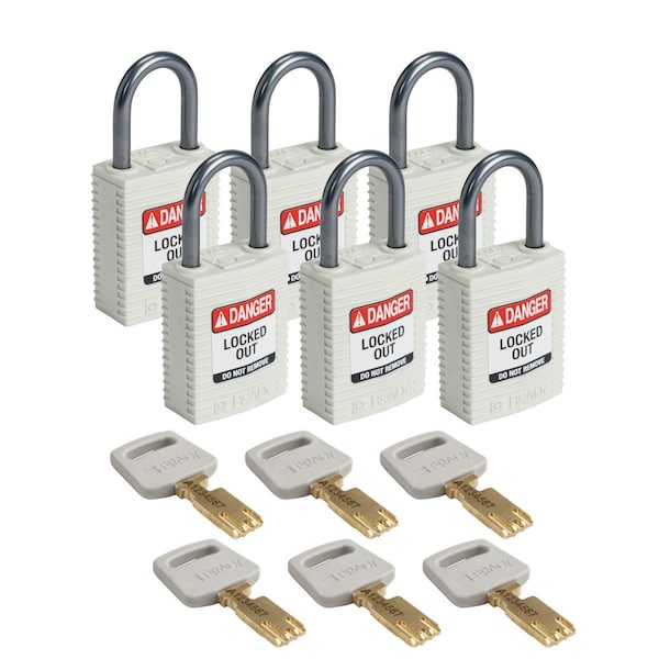 Brady Compact SafeKey Key Retaining Nylon Padlock 1 in Aluminum Shackle KD White 6PK - CPT-WHT-25AL-KD6PK