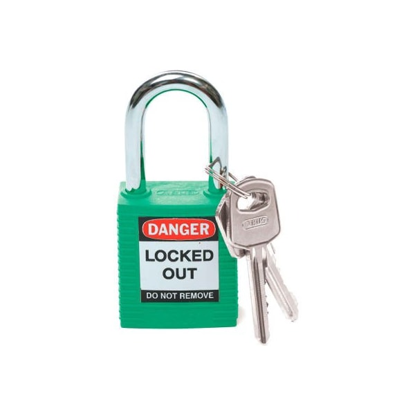 Brady Brady Safety Lockout Padlock W/ Label, 1-1/2, 1 Key, Plastic Covered Steel, Green - 99564