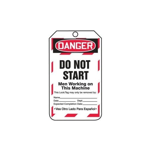 Accuform Safety Tags, DANGER DO NOT START MEN WORKING ON THIS MACHINE Bilingual Spanish, 5.75x3.25in, 25PK - TSP181PTP
