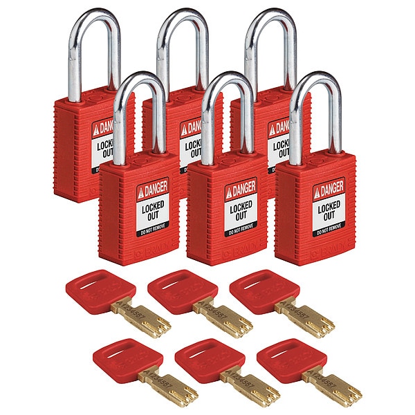 Brady Lockout Padlock, Nylon, Red, 1/2" W, PK6 - NYL-RED-38ST-KA6PK