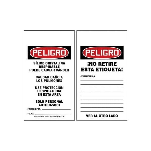 Accuform Spanish Safety Tags, DANGER RESPIRABLE CRYSTALLINE SILICA, 5.75in x 3.25in, PF-Cardstock, 25PK - SHMDT130CTP