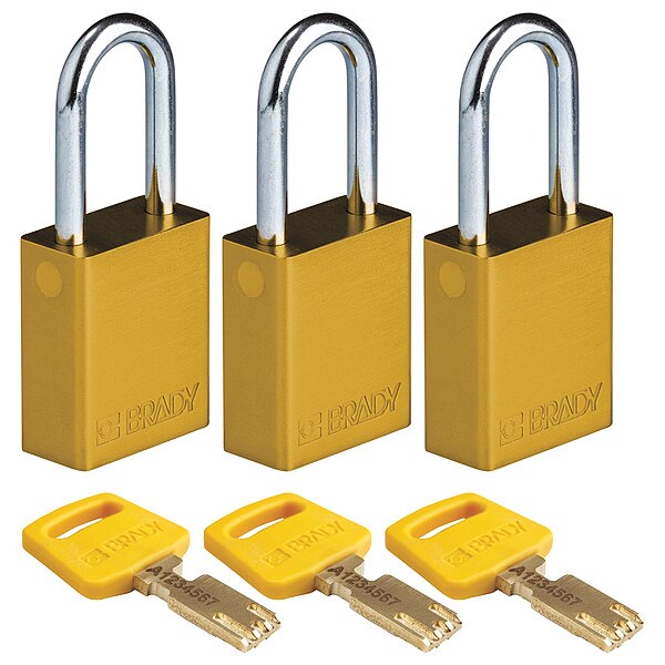 Brady Lockout Padlock, Al, Open Shackel, PK3 - ALU-YLW-38ST-KA3PK