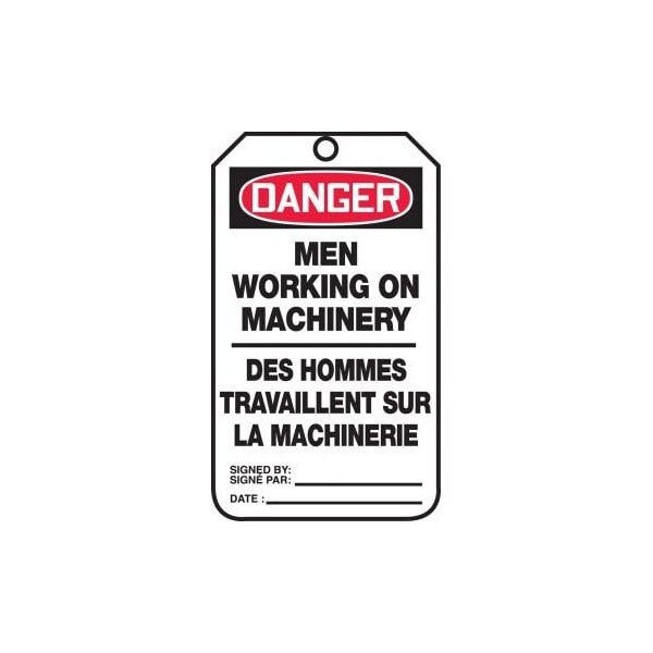 Accuform French Bilingual Safety Tags, DANGER MEN WORKING ON MACHINERY, 5.75in x 3.25in, RP-Plastic, 25PK - TCF184PTP