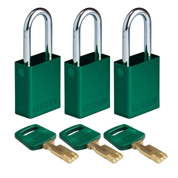 Brady Safekey Lockout Padlock Aluminum Green 1.5" - ALU-GRN-38ST-KA3PK