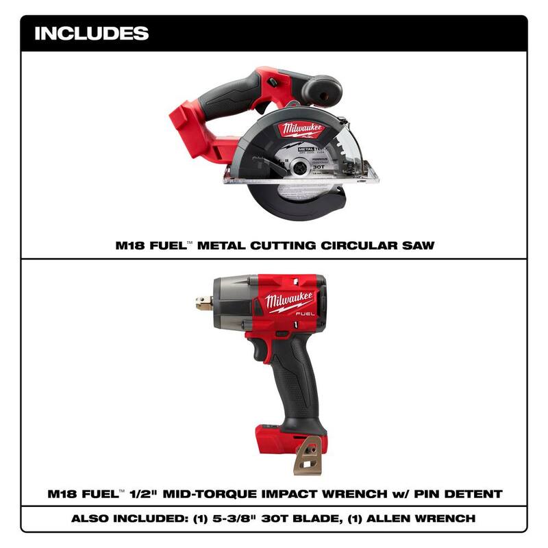 Si no traduzcas la marca del producto:

Sierra circular inalámbrica sin escobillas de litio Milwaukee M18 FUEL de 18V de Metal 5-3/8 in (Herramienta solamente) con Llave de Impacto de Torque Medio de 1/2 in. - 2782-20-2962P-20