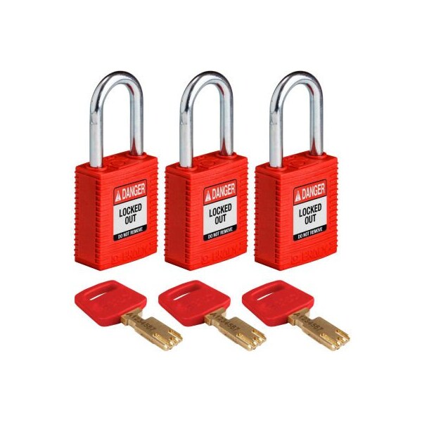 Brady Brady NYL-RED-38ST-KA3PK Brady SafeKey Lockout Padlock Nylon 1.5" Steel Shackle Keyed Alike - NYL-RED-38ST-KA3PK