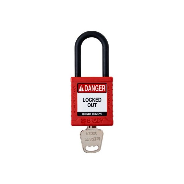 Brady Brady Safety Lockout Padlock, Keyed Different, 1-1/2in, Plastic/Nylon, Red - SDPL-RED-38PL-KD