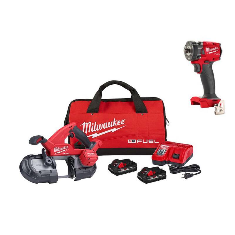 Kit de sierra de cinta compacta inalámbrica Milwaukee M18 FUEL de 18 voltios con tecnología de iones de litio sin escobillas con llave de impacto compacta M18 FUEL - 2829-22-2854-20.