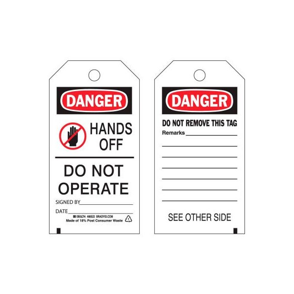 Brady Brady Danger Hands Off Do Not Operate tag, 2 sided, 10/Pkg, Polyester, 3inW x 5-3/4inH - 86522