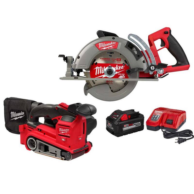 Si no traduzcas la marca del producto, el título en español sería: Sierra circular inalámbrica Milwaukee M18 FUEL 18V de 7-1/4 pulgadas con mango trasero, lijadora de banda M18 FUEL y kit de arranque de 8.0Ah - 2830-20-2832-20-48-59-1880.