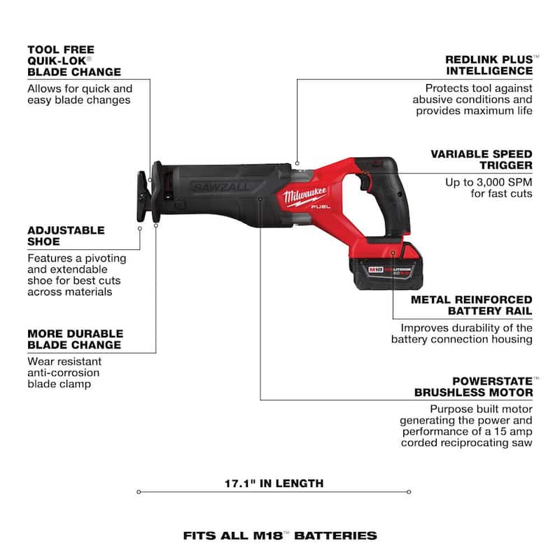 Milwaukee M18 FUEL 18V Lithium-Ion Brushless Cordless SAWZALL Kit de sierra reciproca con batería de 6.0Ah - 2821-21-48-11-1865.