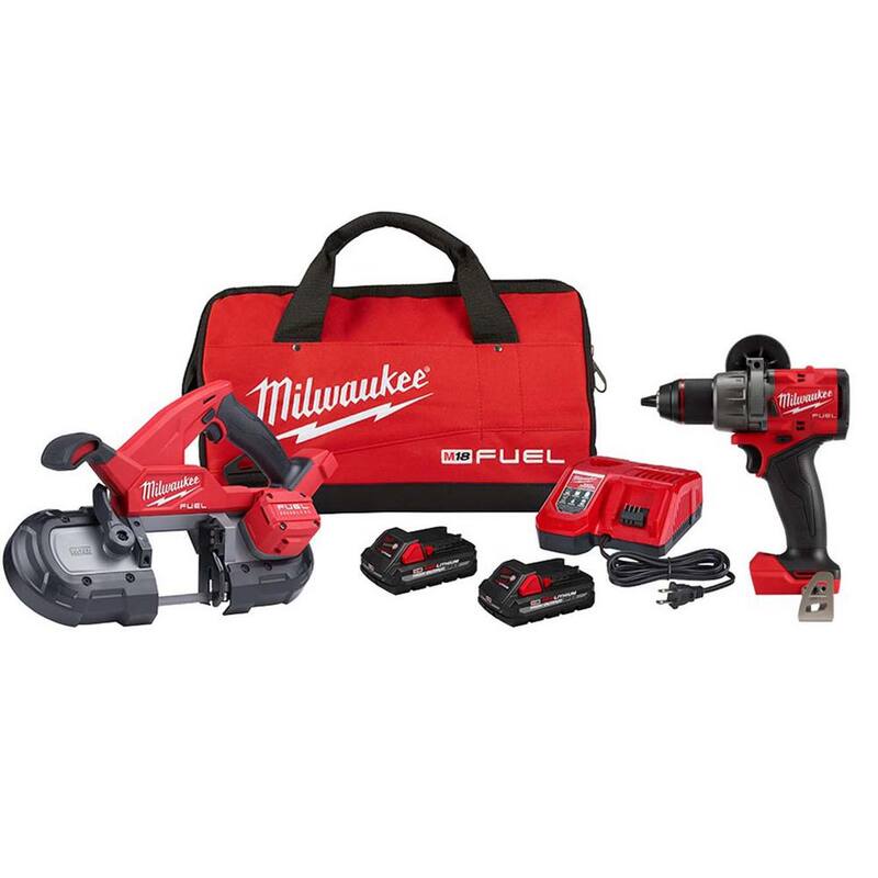 Juego de sierra de cinta compacta Milwaukee M18 FUEL 18-Volt Lithium-Ion Brushless inalámbrica con taladro percutor FUEL de 1/2 pulgadas - 2829-22-2904-20