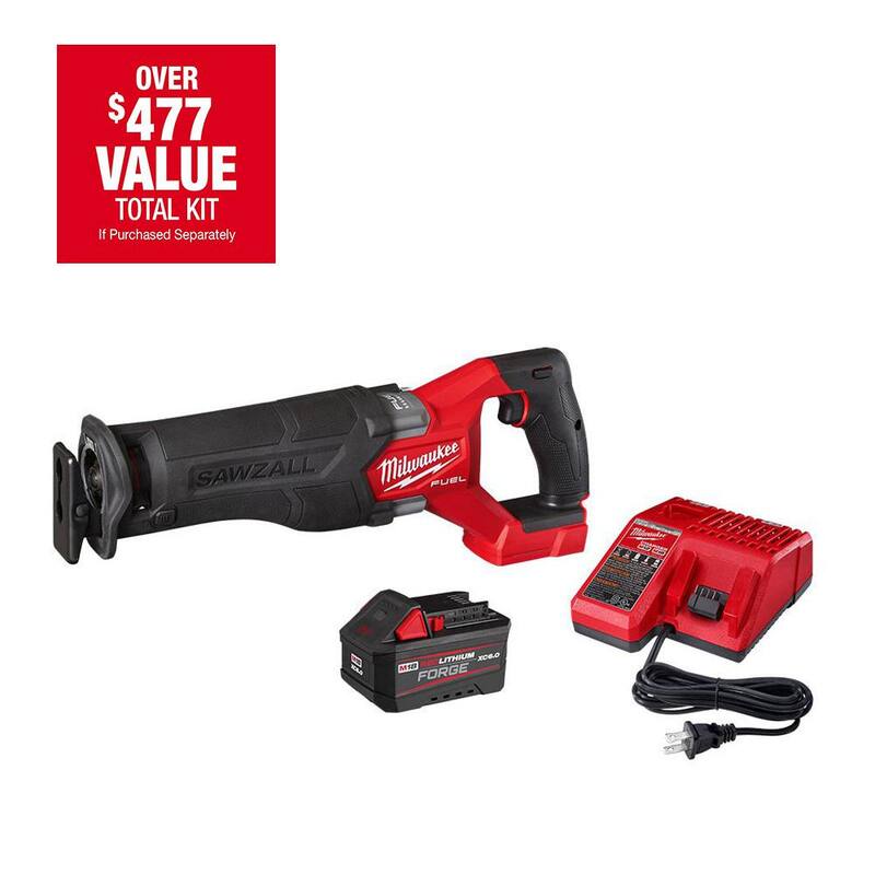 Kit de sierra recíproca inalámbrica sin escobillas Milwaukee M18 FUEL 18V de iones de litio con sierra alternativa Sawzell, con 1 batería FORGE de 6.0Ah, juego de hojas (11 piezas) - 2821-21F-48-00-1788T