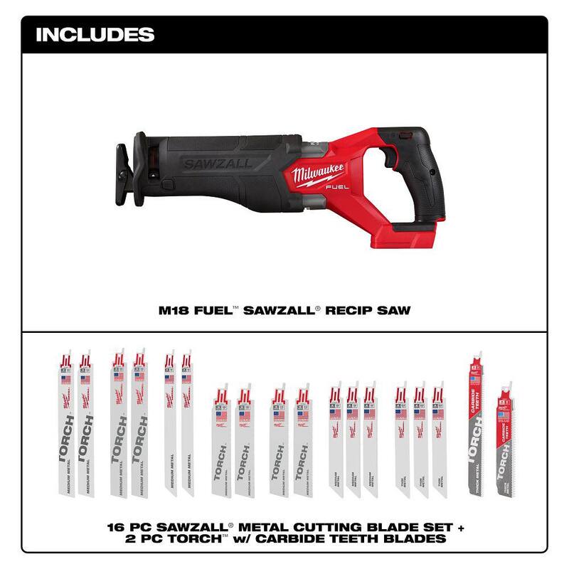 Milwaukee M18 FUEL GEN-2 Sierra sable inalámbrica de 18V con tecnología de iones de litio sin escobillas (solo herramienta) con juego de hojas de sierra sable SAWZALL (16 piezas) - 2821-20-49-22-1216Y