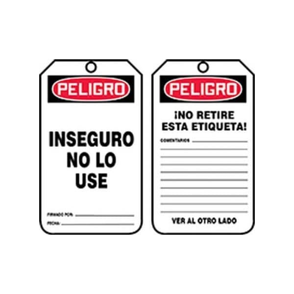 Accuform Spanish Safety Tags, DANGER UNSAFE DO NOT USE, 5.75in x 3.25in, RP-Plastic, 25PK - SHMDT191PTP