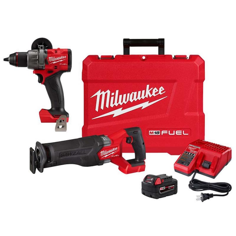 Kit de sierra alternativa inalámbrica Milwaukee M18 FUEL de 18V con motor sin escobillas de iones de litio, junto con taladro percutor de 1/2 pulgadas M18 FUEL - 2821-21-2904-20.