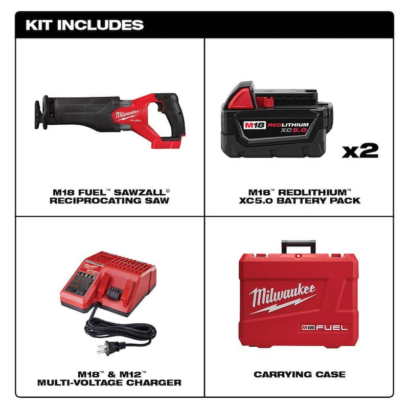 Kit de sierra recíproca inalámbrica Milwaukee M18 FUEL de 18 voltios con motor Brushless y batería de iones de litio, junto con un controlador de impacto hexagonal de 1/4 de pulgada - 2821-22-2953-20.
