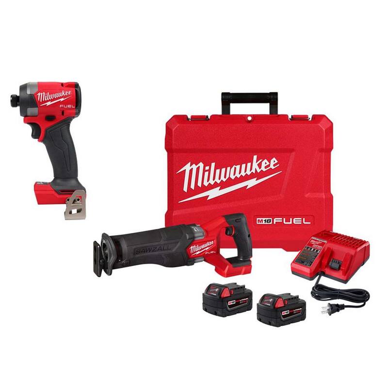 Kit de sierra recíproca inalámbrica Milwaukee M18 FUEL de 18 voltios con motor Brushless y batería de iones de litio, junto con un controlador de impacto hexagonal de 1/4 de pulgada - 2821-22-2953-20.