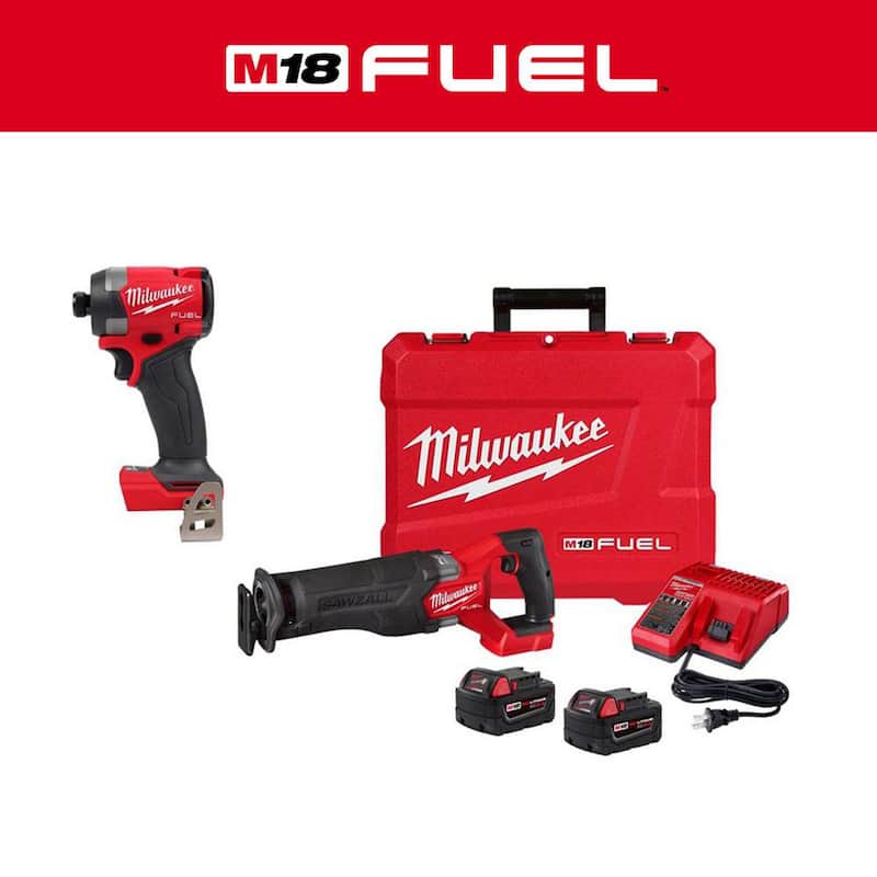 Kit de sierra recíproca inalámbrica Milwaukee M18 FUEL de 18 voltios con motor Brushless y batería de iones de litio, junto con un controlador de impacto hexagonal de 1/4 de pulgada - 2821-22-2953-20.