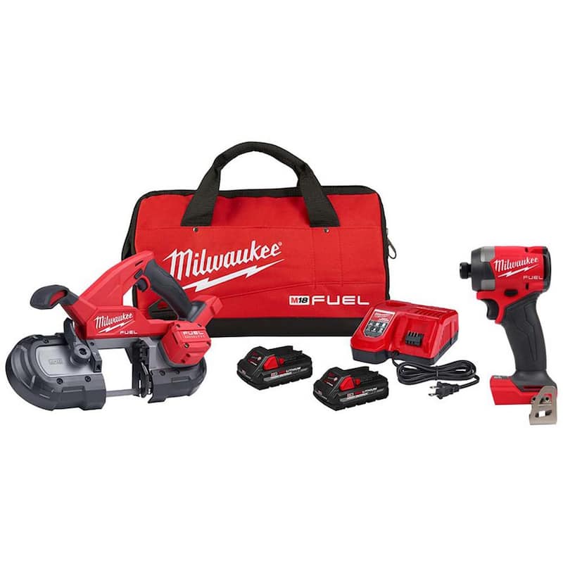 Kit de sierra de cinta compacta inalámbrica Milwaukee M18 FUEL de 18 voltios de iones de litio sin escobillas con controlador de impacto hexagonal de 1/4 de pulgada FUEL - 2829-22-2953-20