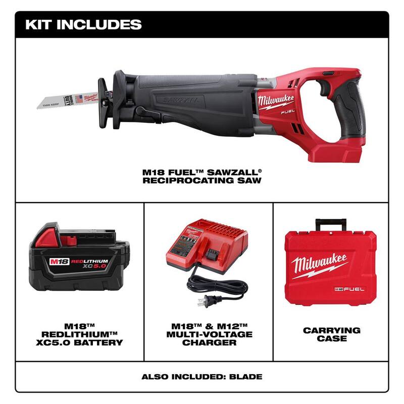 Milwaukee M18 FUEL 18V Lithium-Ion Brushless Cordless SAWZALL Kit de Sierra Alternativa con (1) baterías de 5.0Ah, cargador y maletín - 2720-21