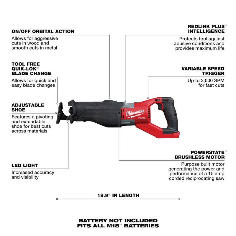 Milwaukee M18 FUEL 18V Lith-Ion Brushless Cordless Super SAWZALL Sierra recíproca con pack de baterías de alto rendimiento de 6.0Ah - 2722-20-48-11-1865-48-11-1862.