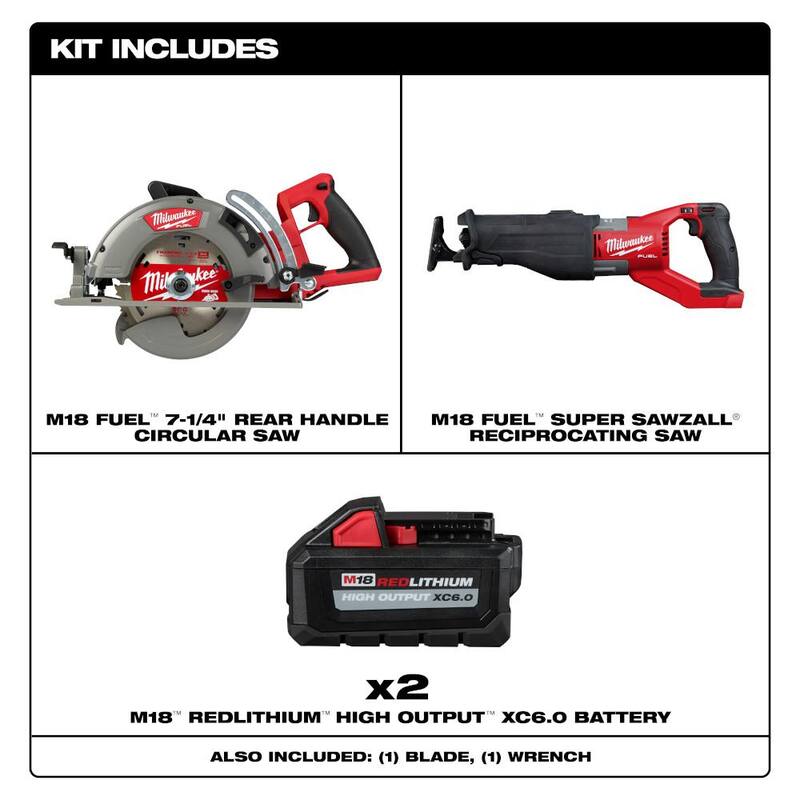 Sierra circular Milwaukee M18 FUEL 18V de litio inalámbrica de 7-1/4 pulgadas con mango trasero y Super SAWZALL, con (2) baterías de alto rendimiento de 6.0Ah - 2830-20-2722-20-48-11-1862