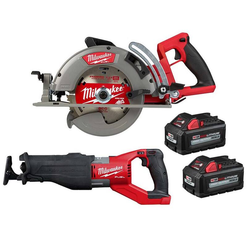 Sierra circular Milwaukee M18 FUEL 18V de litio inalámbrica de 7-1/4 pulgadas con mango trasero y Super SAWZALL, con (2) baterías de alto rendimiento de 6.0Ah - 2830-20-2722-20-48-11-1862