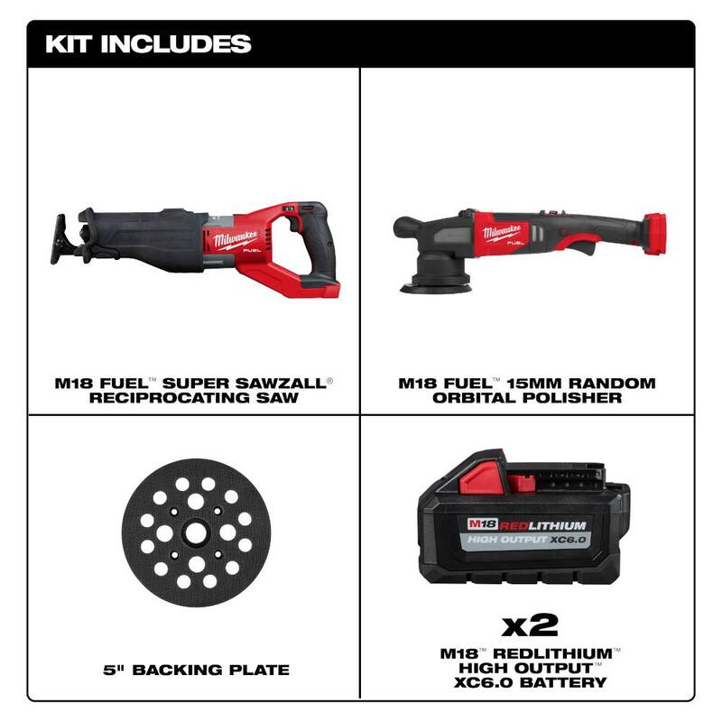 Milwaukee M18 FUEL 18V Lith-Ion Brushless Sierra recíproca inalámbrica Super SAWZALL con pulidor y (2) baterías de alto rendimiento de 6.0Ah - 2722-20-2684-20-48-11-1862