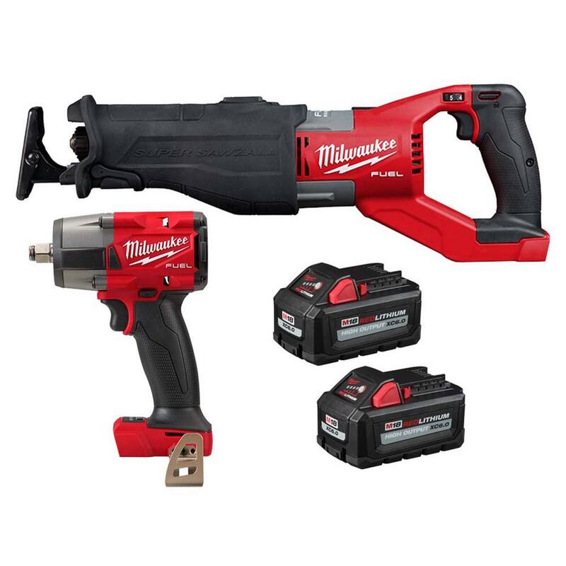 Milwaukee M18 FUEL 18V Lith-Ion Brushless Cordless Super SAWZALL Sierra Recíproca con Llave de Impacto y 2 Baterías de Alto Rendimiento de 6.0Ah - 2722-20-2962-20-48-11-1862