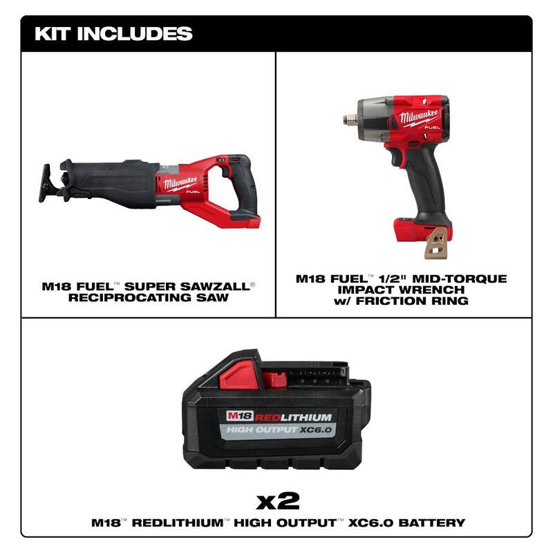 Milwaukee M18 FUEL 18V Lith-Ion Brushless Cordless Super SAWZALL Sierra Recíproca con Llave de Impacto y 2 Baterías de Alto Rendimiento de 6.0Ah - 2722-20-2962-20-48-11-1862