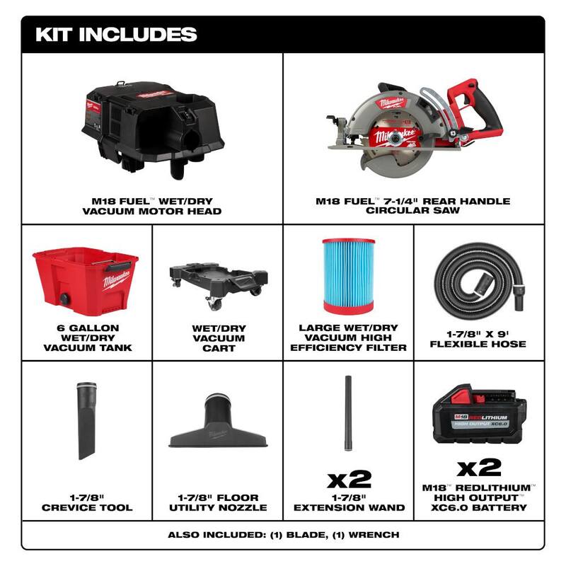 Sierra circular inalámbrica Milwaukee M18 FUEL 18V Litj-Ion de 7-1/4 pulgadas con mango trasero, aspiradora de taller húmeda/seca y (2) paquetes de baterías de alta potencia de 6.0Ah - 2830-20-0910-20-48-11-1862