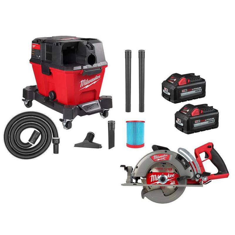 Sierra circular inalámbrica Milwaukee M18 FUEL 18V Litj-Ion de 7-1/4 pulgadas con mango trasero, aspiradora de taller húmeda/seca y (2) paquetes de baterías de alta potencia de 6.0Ah - 2830-20-0910-20-48-11-1862