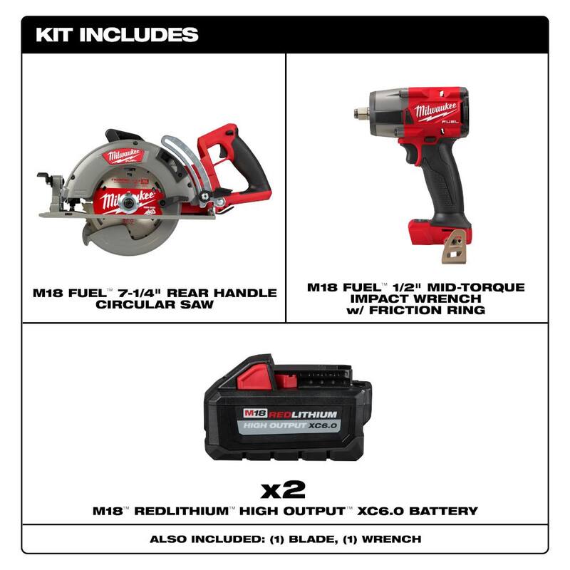 Sierra circular inalámbrica Milwaukee M18 FUEL de 18V con manija trasera de 7-1/4 in y llave de impacto de 1/2 in, incluye (2) baterías de alto rendimiento de 6.0Ah - 2830-20-2962-20-48-11-1862