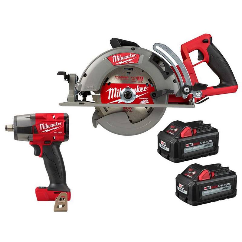 Sierra circular inalámbrica Milwaukee M18 FUEL de 18V con manija trasera de 7-1/4 in y llave de impacto de 1/2 in, incluye (2) baterías de alto rendimiento de 6.0Ah - 2830-20-2962-20-48-11-1862