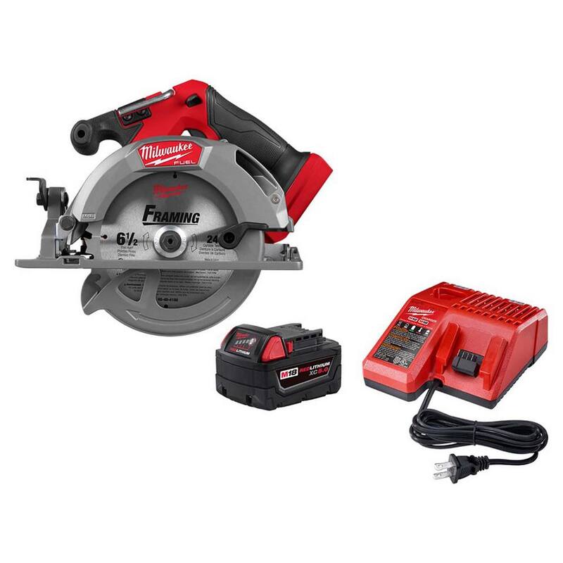 Sierra circular inalámbrica Milwaukee M18 FUEL 18V de 6-1/2 pulgadas con motor sin escobillas de iones de litio con una batería de 5.0Ah y cargador - 2833-20-48-59-1850.