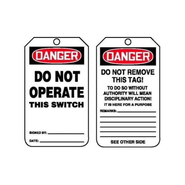 Accuform Safety Tags, DANGER DO NOT OPERATE THIS SWITCH, 5.75in x 3.25in, RP-Plastic, 5PK - MDT113PTM