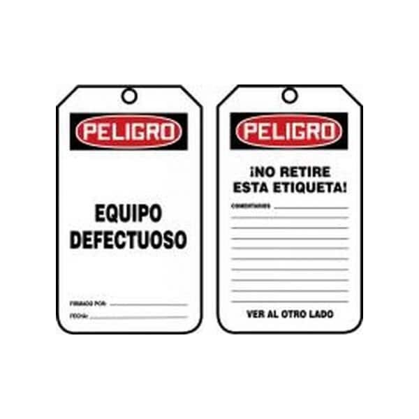 Accuform Spanish Safety Tags, DANGER DEFECTIVE EQUIPMENT, 5.75in x 3.25in, PF-Cardstock, 25PK - SHMDT229CTP
